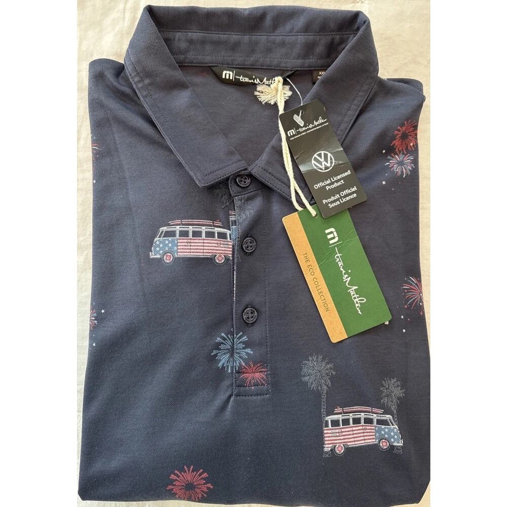 NWT Travis Mathew Firework Display Polo Shirt Mens 2XL Golf Blue VW Bus Patriot